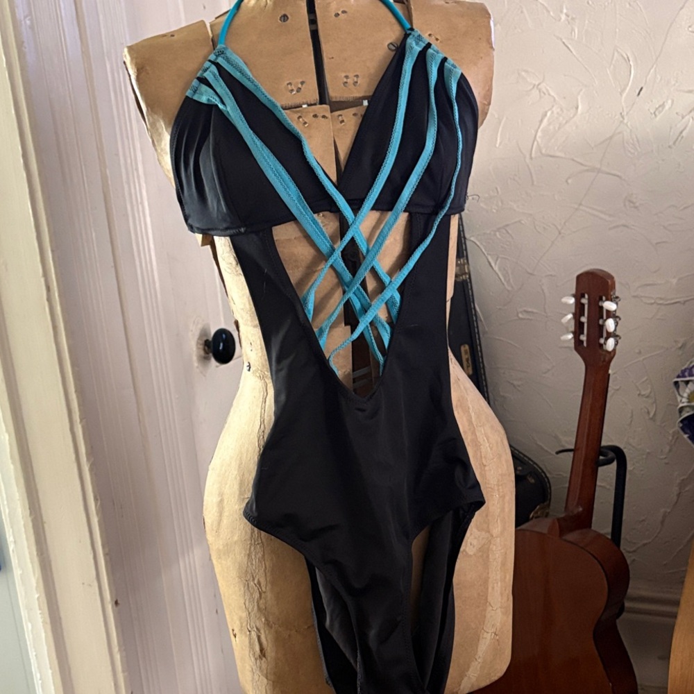 ASOS Swim Black One-Piece Swimsuit with Teal detail